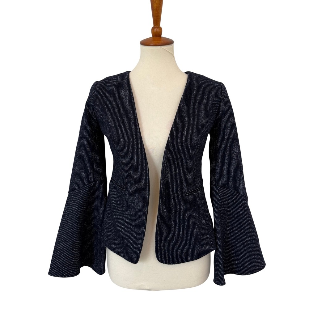 Cartonnier Anthropologie Navy Pinstripe Wool Blend Bell Sleeve Open Blazer 0